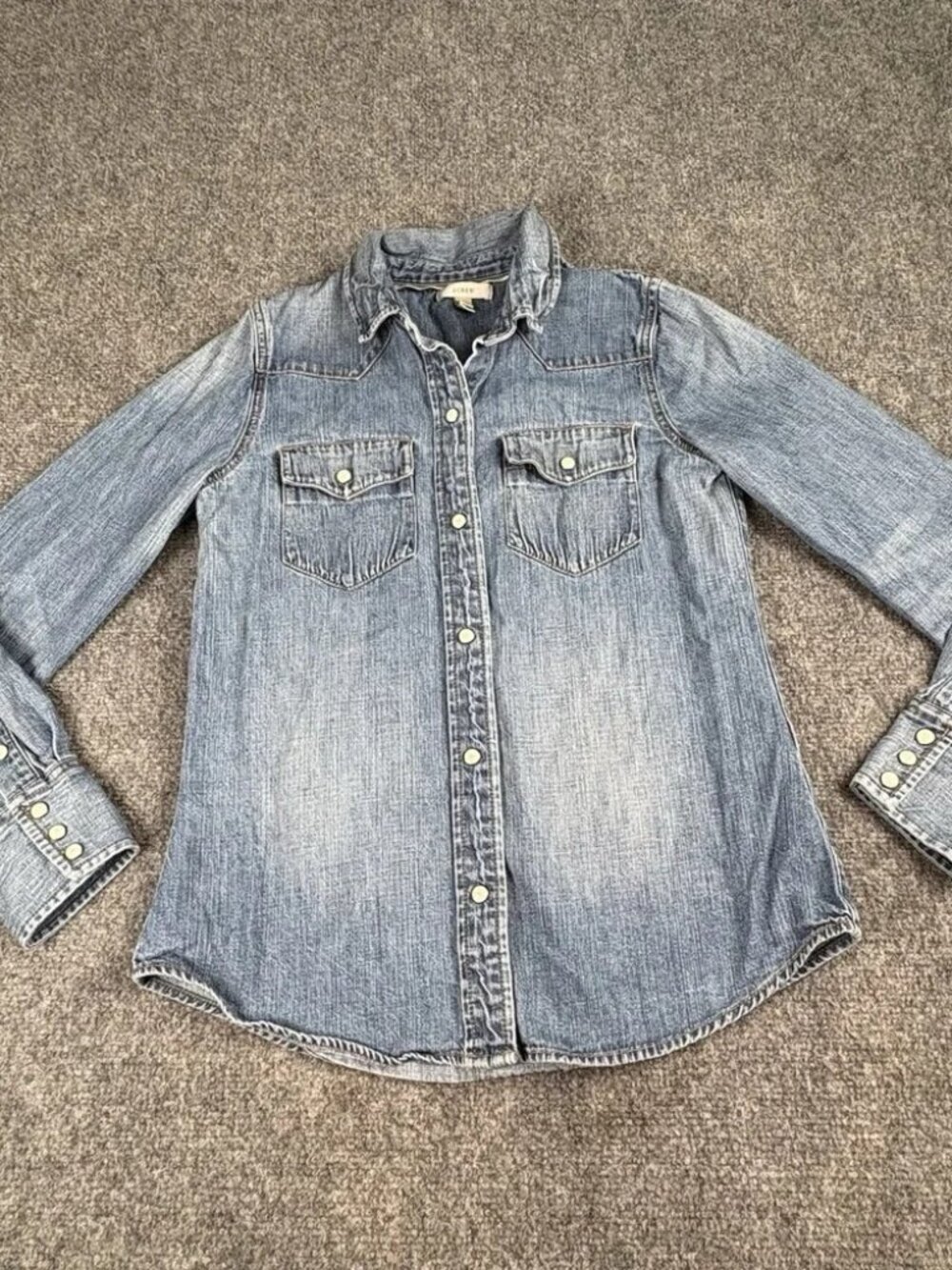 J.Crew Denim Shirt Womens 0 Blue‎ Pearl Snap Button Western Cowboy Boho Festival